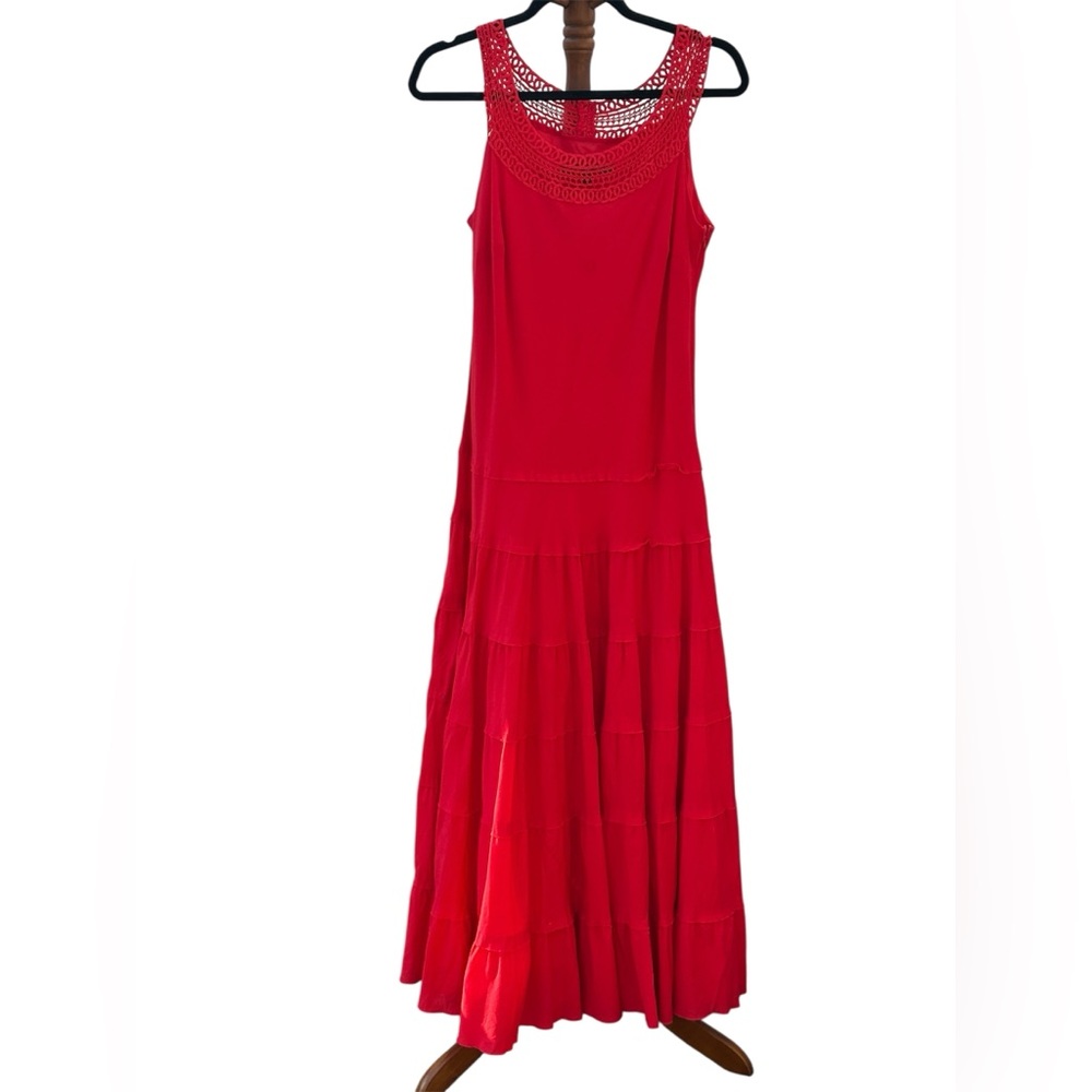 Jones Wear Bright Red Sleeveless Crochet Yoke Maxi Dress- Cotton- Size 8